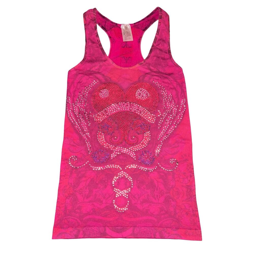 MUSA Tank Top Racerback Workout Athletic Heart & Wings Rhinstone Goth Y2K
